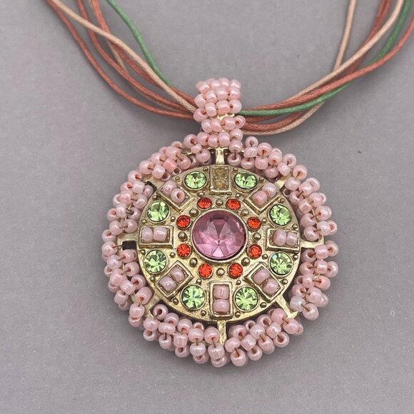 VCLM Pink Beaded Rhinestone Circle Pendant Multicolor Cord Necklace 15 to 17 In - Picture 2 of 6